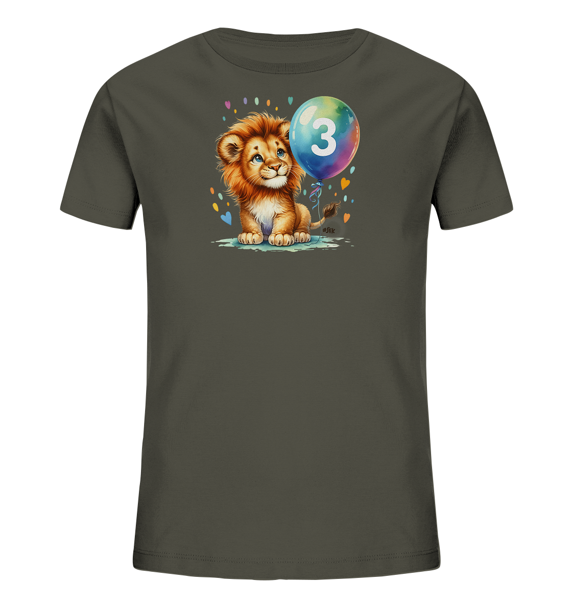 Onlineshop Shirts fuer Kinder - Das dunkle T-Shirt zeigt ein suesses Loewenbaby mit einem bunten Ballon und der Zahl '3'. Das verspielte Motiv ist mit farbigen Herzen und Punkten verziert.