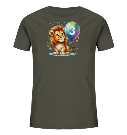 Onlineshop Shirts fuer Kinder - Das dunkle T-Shirt zeigt ein suesses Loewenbaby mit einem bunten Ballon und der Zahl '3'. Das verspielte Motiv ist mit farbigen Herzen und Punkten verziert.