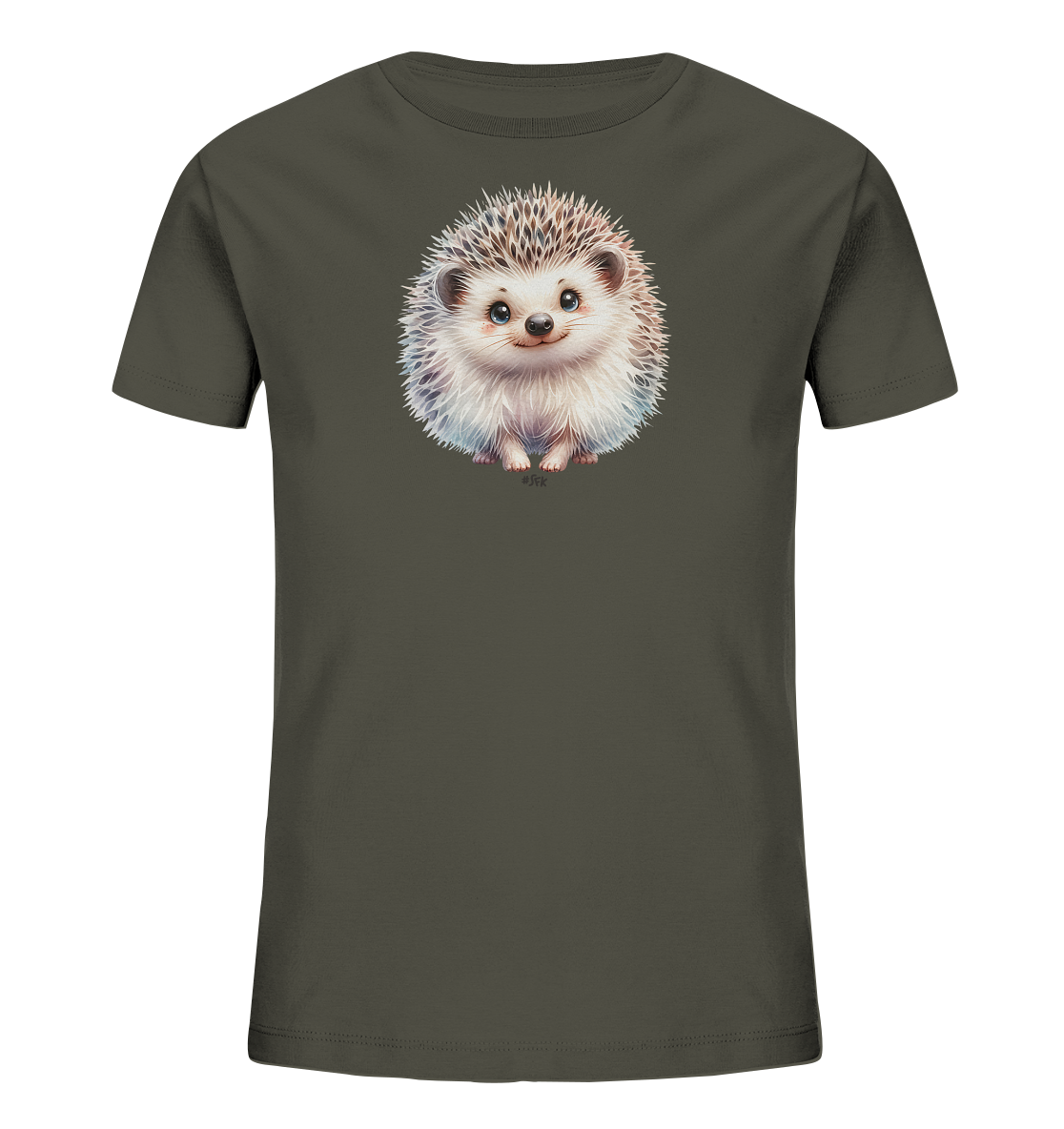 Onlineshop Shirts fuer Kinder - Das Bild zeigt ein schlichtes, dunkles Kinder-T-Shirt. Auf der Vorderseite ist eine niedliche Illustration eines kleinen Igels zu sehen. Der Igel hat ein freundliches Gesicht mit grossen Augen und sein Stachelkleid ist detailliert dargestellt. Dieses Motiv verleiht dem Shirt einen charmanten und verspielten Look, passend fuer Kinder.