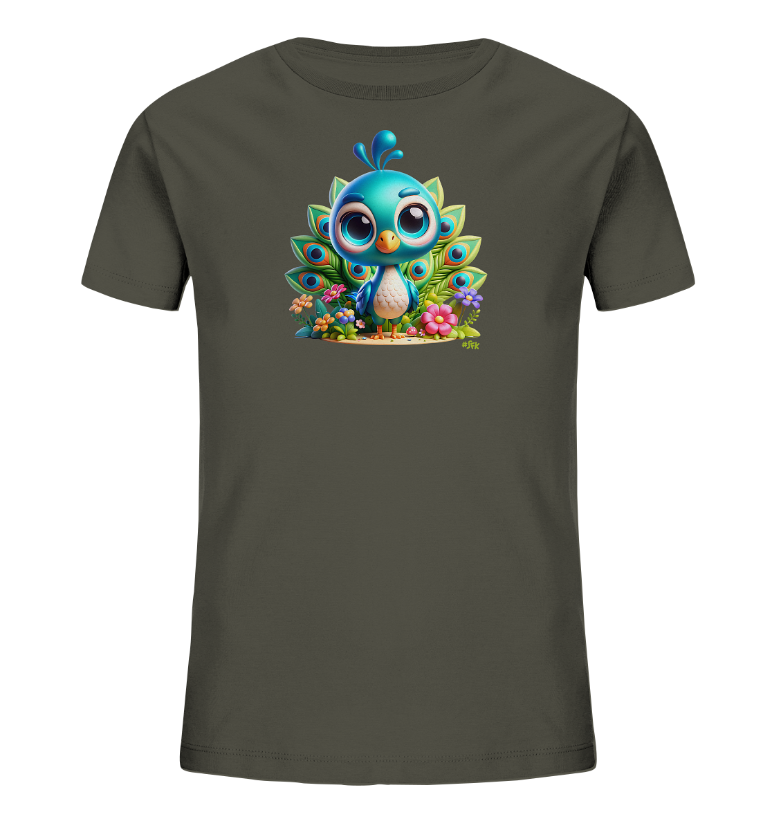 Onlineshop Shirts fuer Kinder - Das Bild zeigt ein dunkelgruenes T-Shirt fuer Kinder mit einer niedlichen Illustration eines Pfauenkuekens auf der Vorderseite. Das Kueken ist blau-weiss, hat grosse Augen und steht vor aufgefaecherten, bunten Pfauenfedern. Um das Kueken herum sind kleine, farbenfrohe Blumen und Pflanzen dargestellt, was dem Design eine froehliche Szenerie verleiht. Dieses Motiv wirkt sehr detailreich und ansprechend.