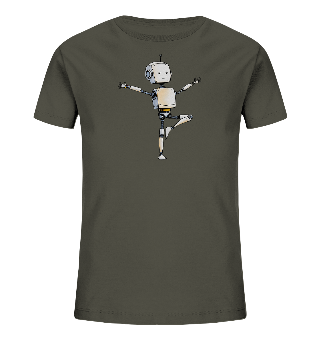 Onlineshop Shirts für Kinder - Das Bild zeigt ein kurzärmeliges Kinder-T-Shirt in einem dunklen Grauton. Auf der Vorderseite ist eine niedliche Illustration eines kleinen, weissen Roboters abgebildet. Der Roboter steht auf einem Bein, die Arme seitlich ausgestreckt, als würde er balancieren oder eine Tanzpose machen. Das Design ist einfach gehalten, aber ausdrucksstark und verleiht dem Shirt einen spielerischen und modernen Touch.