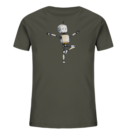 Onlineshop Shirts für Kinder - Das Bild zeigt ein kurzärmeliges Kinder-T-Shirt in einem dunklen Grauton. Auf der Vorderseite ist eine niedliche Illustration eines kleinen, weissen Roboters abgebildet. Der Roboter steht auf einem Bein, die Arme seitlich ausgestreckt, als würde er balancieren oder eine Tanzpose machen. Das Design ist einfach gehalten, aber ausdrucksstark und verleiht dem Shirt einen spielerischen und modernen Touch.