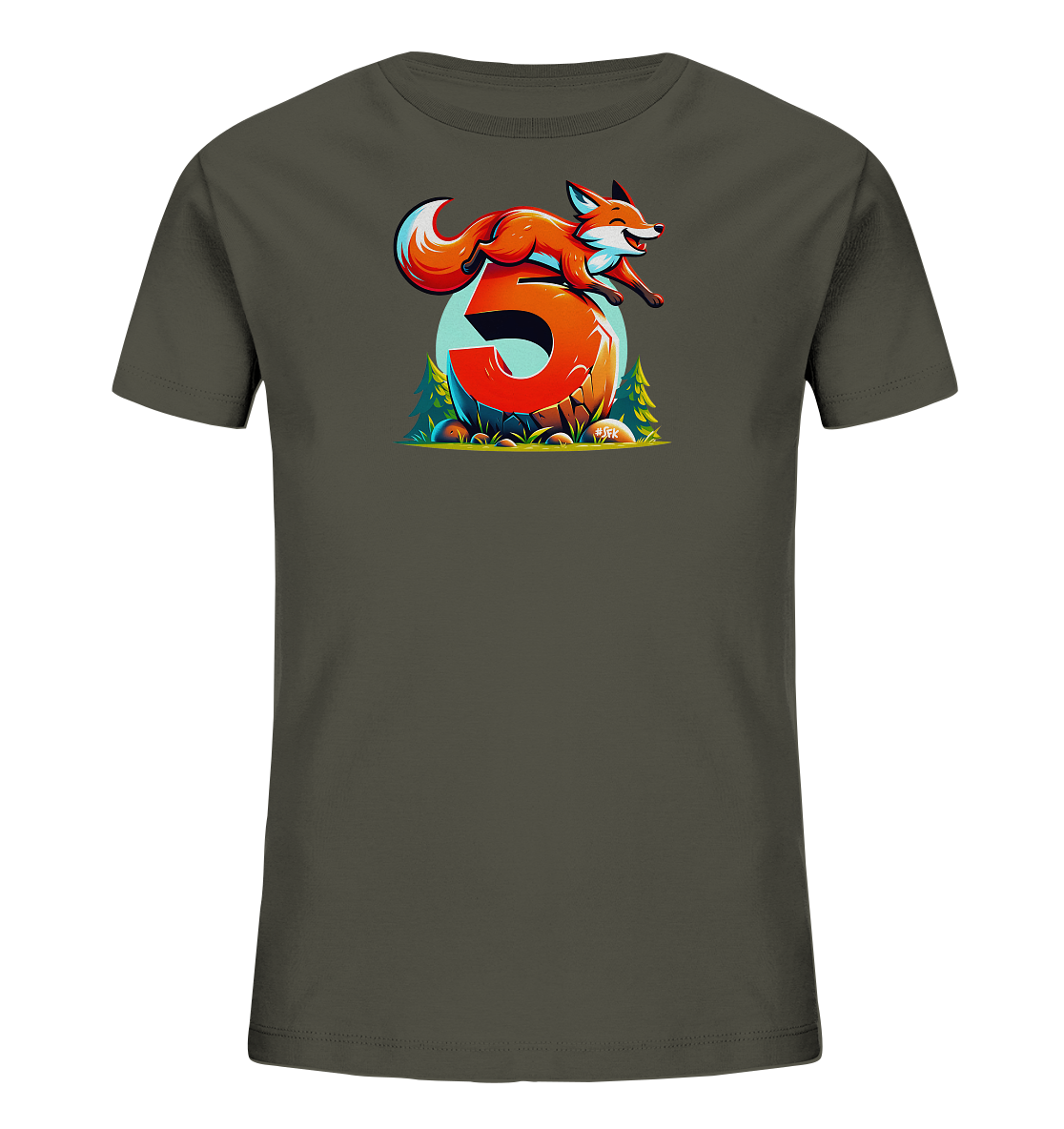 Onlineshop Shirts für Kinder - Das Bild zeigt ein dunkelgraues Kinder-T-Shirt, auf dessen Vorderseite ein farbenfrohes Motiv zu sehen ist. Im Zentrum des Designs steht eine große, stilisierte Zahl '5' in einem leuchtenden Orange. Über und auf der Zahl springt eine dynamisch dargestellte Fuchsfigur in Rottönen mit weißem Bauch. Das Motiv ist in einem grafischen Stil gehalten und wird von einer angedeuteten Naturkulisse mit grünen Bäumen und Felsen umrahmt.