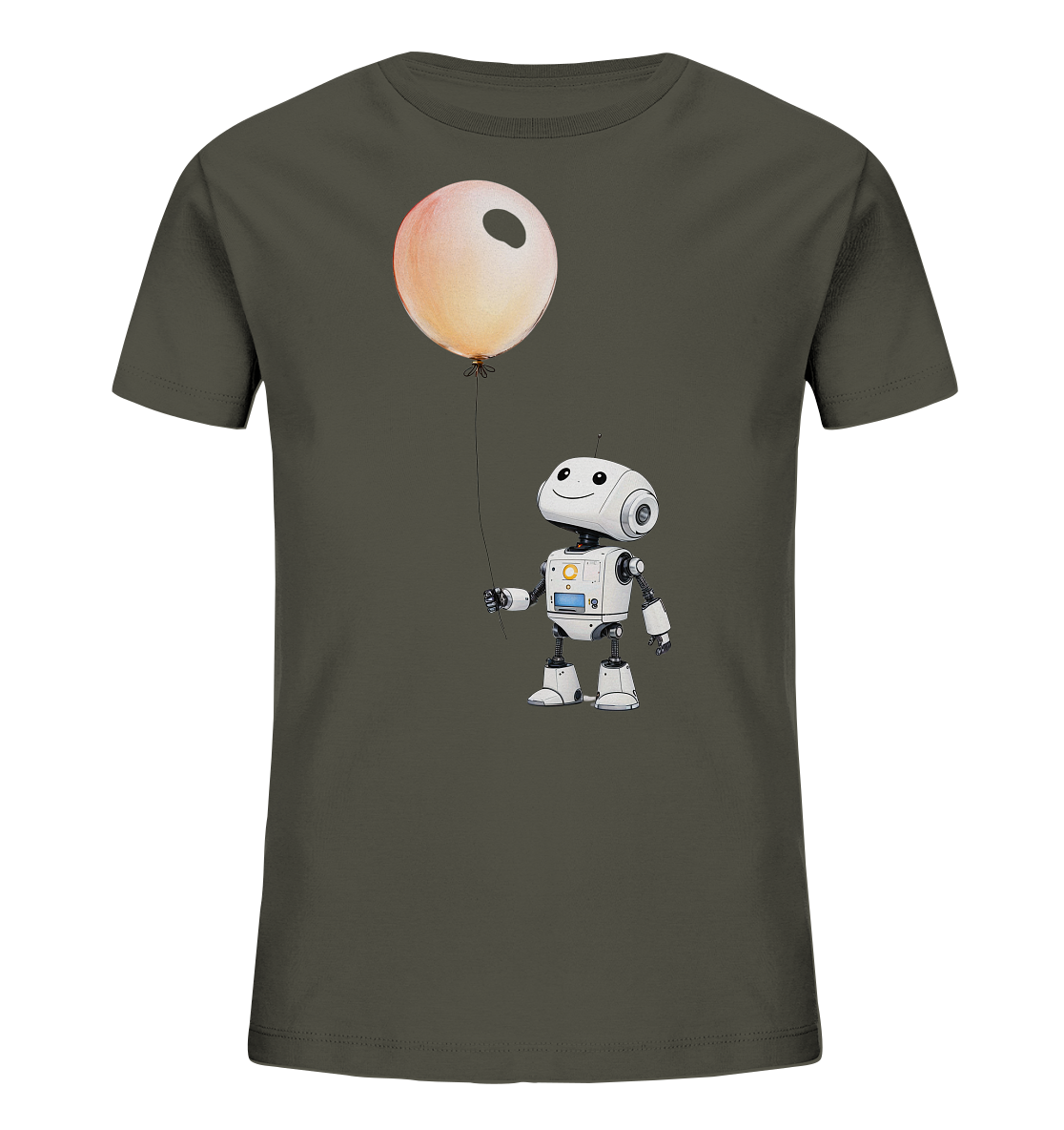 Onlineshop Shirts für Kinder - Das Bild zeigt ein dunkelgraues T-Shirt für Kinder, auf dessen Vorderseite eine Grafik abgebildet ist. Die Grafik zeigt einen kleinen, weißen Roboter mit großen Augen und einem freundlichen Gesichtsausdruck. Der Roboter hält an einer Schnur einen großen, hellroten Ballon in der Hand. Das Design ist auf der Mitte des Shirts platziert und verleiht ihm einen verspielten Charakter.
