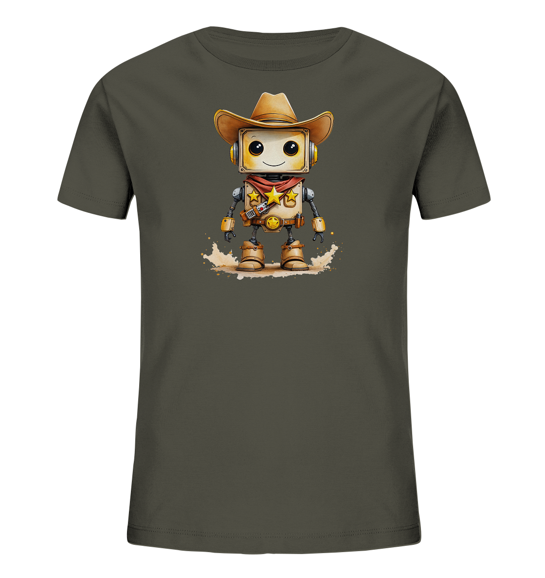 Onlineshop Shirts für Kinder - Dieses T-Shirt in einem dunklen Olivton zeigt auf der Vorderseite eine farbige Illustration eines Roboters. Der Roboter ist im Western-Stil gekleidet und trägt einen Cowboyhut, ein rotes Halstuch sowie Cowboy-Stiefel und einen Gürtel. Das Design umfasst auch mehrere goldene Sterne auf der Brust des Roboters und eine angedeutete staubige Umgebung. Die Darstellung ist detailreich und hat einen freundlichen, cartoonhaften Charakter.