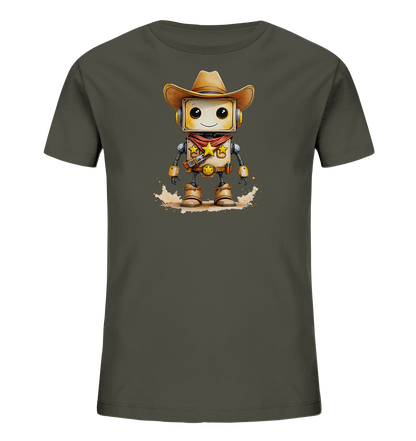 Onlineshop Shirts für Kinder - Dieses T-Shirt in einem dunklen Olivton zeigt auf der Vorderseite eine farbige Illustration eines Roboters. Der Roboter ist im Western-Stil gekleidet und trägt einen Cowboyhut, ein rotes Halstuch sowie Cowboy-Stiefel und einen Gürtel. Das Design umfasst auch mehrere goldene Sterne auf der Brust des Roboters und eine angedeutete staubige Umgebung. Die Darstellung ist detailreich und hat einen freundlichen, cartoonhaften Charakter.