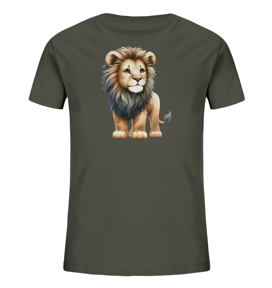 Onlineshop Shirts fuer Kinder - Das Bild zeigt ein dunkelgraues Kinder-T-Shirt mit einer niedlichen Illustration eines Loewenbabys. Der kleine Loewe steht aufrecht und blickt zur Seite. Er hat eine volle Maehne und grosse, freundliche Augen. Das Design ist detailreich und ansprechend gestaltet.