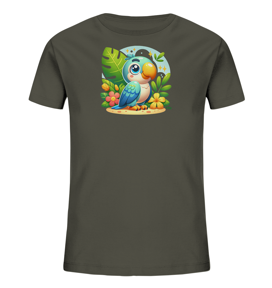 Onlineshop Shirts fuer Kinder - Das Bild zeigt ein dunkelgraues T-Shirt fuer Kinder mit einem froehlichen, cartoonhaften Papageienmotiv auf der Vorderseite. Der Papagei ist blau und weiss dargestellt, sitzt auf sandigem Grund und ist von tropischen Blaettern und bunten Blumen umgeben. Im Hintergrund ist ein hellblauer Kreis mit Sternen zu sehen. Dieses Design verleiht dem Shirt einen lebhaften und freundlichen Charakter.