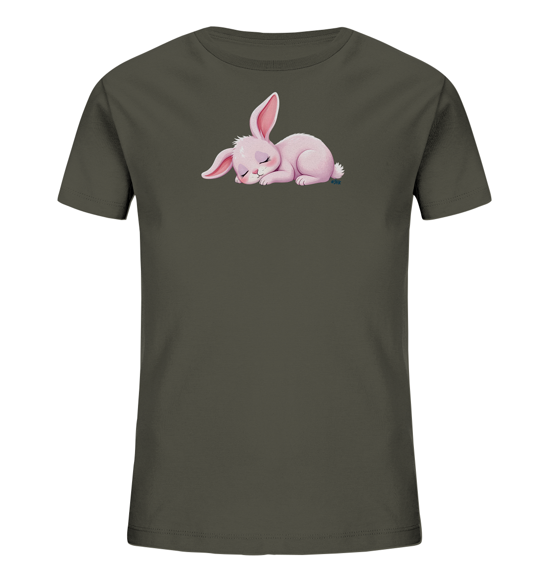 Onlineshop Shirts fuer Kinder - Das Bild praesentiert ein dunkelgraues Kinder-T-Shirt mit einem bezaubernden Motiv eines schlafenden, rosa Haeschens. Das Haeschen liegt auf der Vorderseite des Shirts, die Augen geschlossen und die Ohren entspannt angelegt. Seine sanfte Farbgebung und friedliche Pose machen es zu einem beruhigenden und ansprechenden Design fuer Kinder.