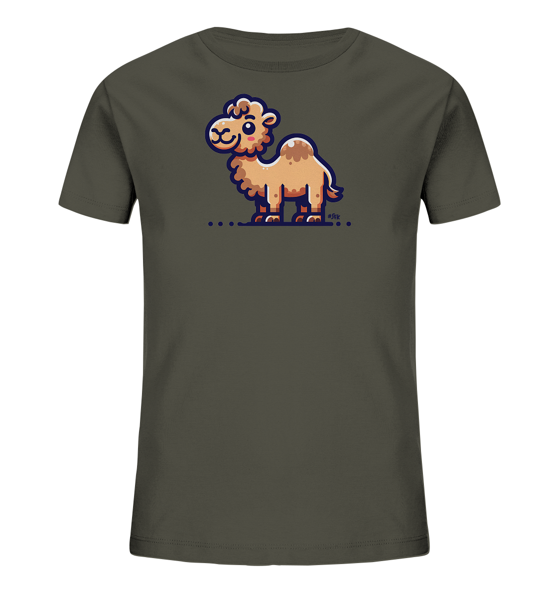 Onlineshop Shirts fuer Kinder - Das Bild zeigt ein dunkelgruenes Kinder-T-Shirt. Auf der Vorderseite ist eine niedliche, cartoonartige Kamelgrafik zu sehen. Das Kamel ist hellbraun mit orangefarbenen Details und hat einen freundlichen Ausdruck sowie einen markanten Hoecker. Es steht auf einer gepunkteten Linie, was dem Design eine verspielte Note verleiht.