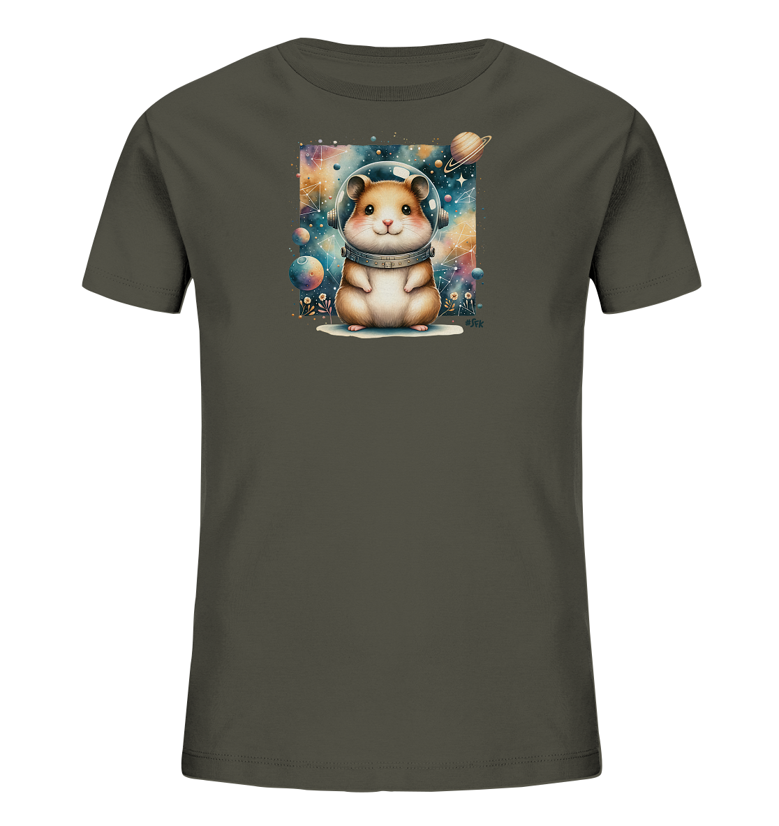 Onlineshop Shirts fuer Kinder - Das Bild zeigt ein Kinder-T-Shirt in einem gedeckten Farbton. Auf der Vorderseite ist eine farbenfrohe Illustration eines niedlichen Hamsters im Astronautenanzug zu sehen. Der Hamster traegt einen Helm und sitzt vor einem detailreichen Weltall-Hintergrund mit Sternen und Planeten.