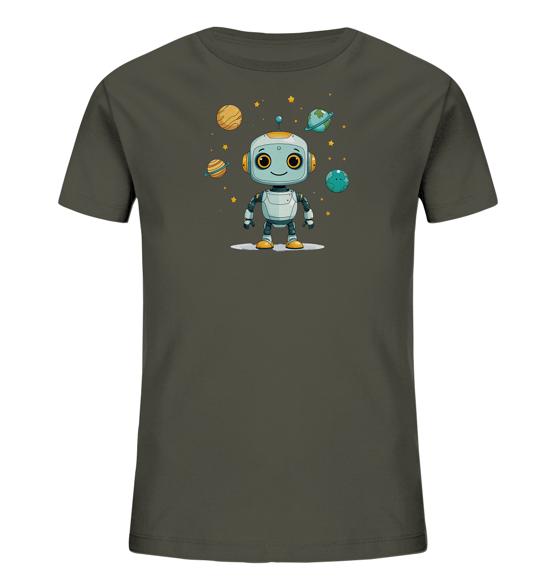 Onlineshop Shirts für Kinder - Das Bild zeigt ein dunkelgraues Kinder T-Shirt mit einem grafischen Aufdruck auf der Vorderseite. Im Zentrum des Designs steht ein freundlicher, cartoonartiger Roboter in den Farben Weiß, Grau und Gelb. Um den Roboter herum sind verschiedene Planeten und gelbe Sterne dargestellt, was ein Weltraumthema erzeugt. Die Illustration ist farbenfroh und verspielt, was dem T-Shirt einen ansprechenden Look für Kinder verleiht.