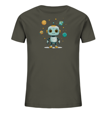 Onlineshop Shirts für Kinder - Das Bild zeigt ein dunkelgraues Kinder T-Shirt mit einem grafischen Aufdruck auf der Vorderseite. Im Zentrum des Designs steht ein freundlicher, cartoonartiger Roboter in den Farben Weiß, Grau und Gelb. Um den Roboter herum sind verschiedene Planeten und gelbe Sterne dargestellt, was ein Weltraumthema erzeugt. Die Illustration ist farbenfroh und verspielt, was dem T-Shirt einen ansprechenden Look für Kinder verleiht.