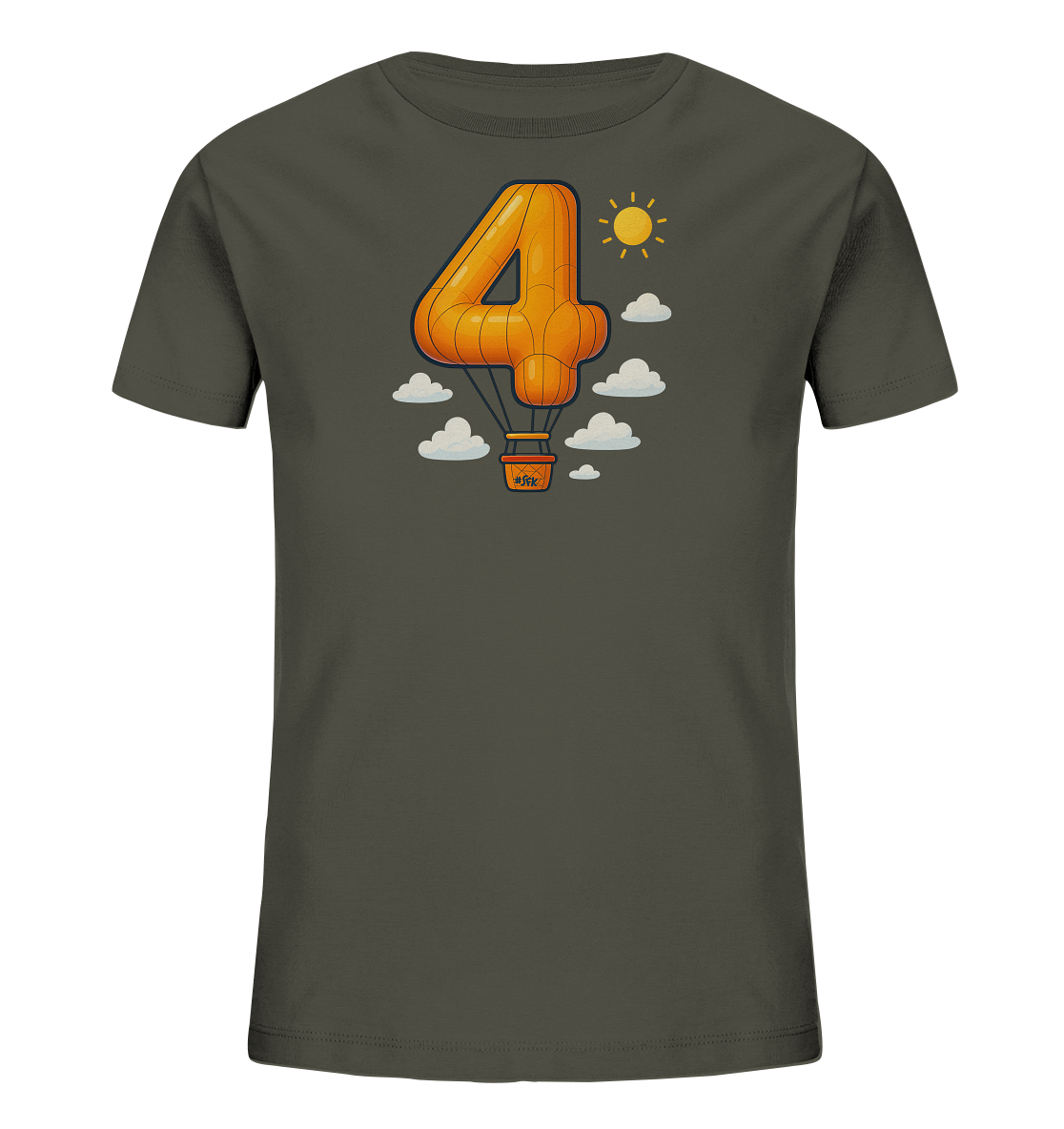 Onlineshop Shirts fuer Kinder - Das Bild zeigt ein dunkelgraues T-Shirt mit einem grossen, orangefarbenen Heissluftballon-Motiv auf der Vorderseite. Der Ballon hat die Form der Zahl '4'. Das Design wird von stilisierten Wolken und einer kleinen Sonne ergaenzt. Dieses froehliche Motiv eignet sich gut fuer Kinder, besonders zum vierten Geburtstag.