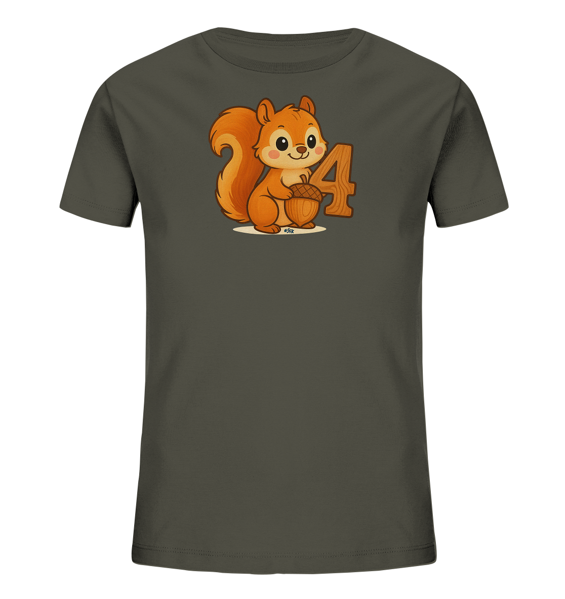 Onlineshop Shirts fuer Kinder - Das Bild zeigt ein dunkelgraues Kinder-T-Shirt mit einem niedlichen Aufdruck. Zentral auf der Vorderseite ist ein freundliches Cartoon-Eichhoernchen abgebildet, das eine Eichel haelt. Daneben befindet sich die Zahl '4' in Holzoptik. Dieses Motiv verleiht dem Shirt einen verspielten und naturverbundenen Look.