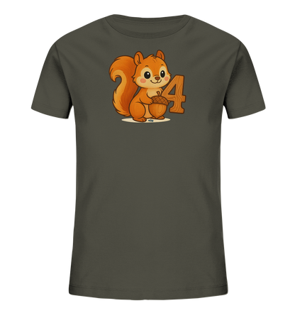 Onlineshop Shirts fuer Kinder - Das Bild zeigt ein dunkelgraues Kinder-T-Shirt mit einem niedlichen Aufdruck. Zentral auf der Vorderseite ist ein freundliches Cartoon-Eichhoernchen abgebildet, das eine Eichel haelt. Daneben befindet sich die Zahl '4' in Holzoptik. Dieses Motiv verleiht dem Shirt einen verspielten und naturverbundenen Look.
