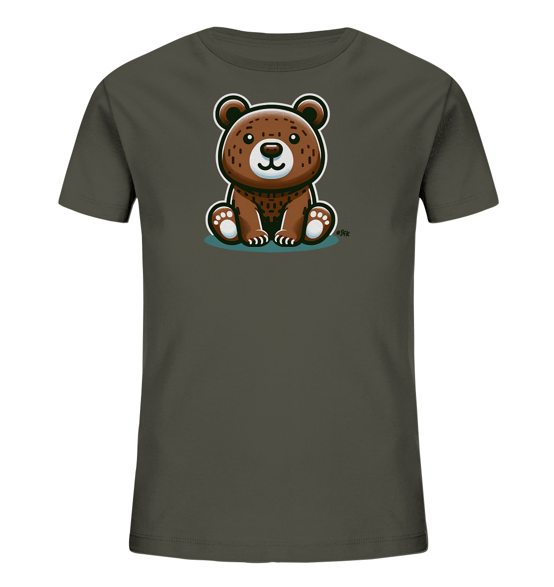 Onlineshop Shirts fuer Kinder - Das Bild zeigt ein dunkelgraues T-Shirt fuer Kinder. Auf der Vorderseite befindet sich eine Illustration eines niedlichen, braunen Cartoon-Baeren. Der Baer sitzt aufrecht und hat ein freundliches Gesicht mit grossen Augen und einer helleren Schnauze. Das Design ist verspielt und spricht Kinder an.