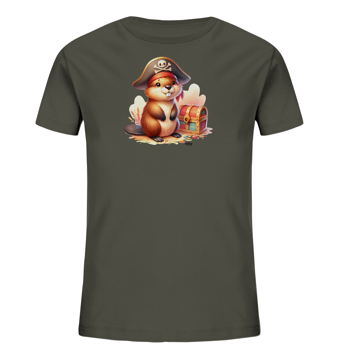 Onlineshop Shirts fuer Kinder - Das Bild zeigt ein dunkelgraues Kinder T-Shirt. Auf der Vorderseite befindet sich eine Illustration eines niedlichen Bibers, der als Pirat verkleidet ist. Der Biber traegt einen Piratenhut und sitzt neben einer geoeffneten Schatztruhe mit Goldmuenzen. Das Design wirkt verspielt und abenteuerlich.