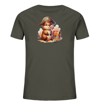 Onlineshop Shirts fuer Kinder - Das Bild zeigt ein dunkelgraues Kinder T-Shirt. Auf der Vorderseite befindet sich eine Illustration eines niedlichen Bibers, der als Pirat verkleidet ist. Der Biber traegt einen Piratenhut und sitzt neben einer geoeffneten Schatztruhe mit Goldmuenzen. Das Design wirkt verspielt und abenteuerlich.