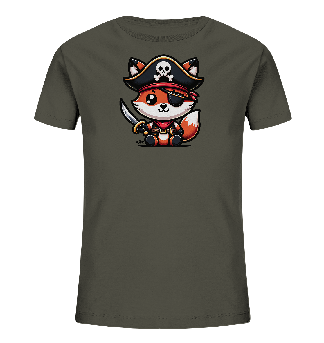 Onlineshop Shirts fuer Kinder - Das Bild zeigt ein dunkelgraues Kinder-T-Shirt mit einem niedlichen Comic-Fuchs als Pirat. Der Fuchs traegt einen Piratenhut mit Totenkopf, eine Augenklappe und ein rotes Halstuch. Er sitzt und haelt ein kleines Schwert in einer Pfote. Das Design ist detailreich und verspielt auf der Vorderseite platziert.