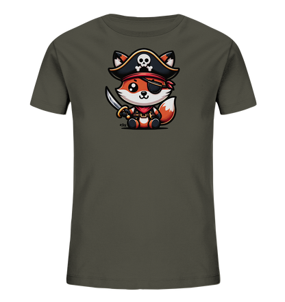 Onlineshop Shirts fuer Kinder - Das Bild zeigt ein dunkelgraues Kinder-T-Shirt mit einem niedlichen Comic-Fuchs als Pirat. Der Fuchs traegt einen Piratenhut mit Totenkopf, eine Augenklappe und ein rotes Halstuch. Er sitzt und haelt ein kleines Schwert in einer Pfote. Das Design ist detailreich und verspielt auf der Vorderseite platziert.