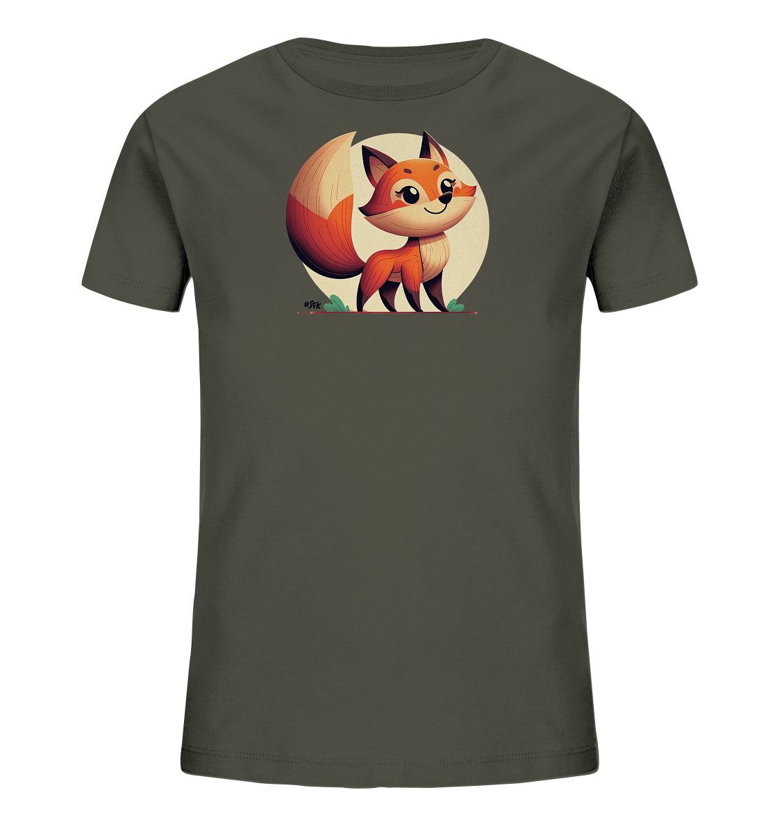 Onlineshop Shirts fuer Kinder - Das Bild zeigt ein dunkelgruenes Kinder-T-Shirt mit einem niedlichen Motiv eines Comic-Fuchses. Der orangefarbene Fuchs steht laechelnd vor einem grossen hellen Kreis. Das Design beinhaltet gruene Details am Boden und verleiht dem Shirt einen froehlichen Wald-Look.
