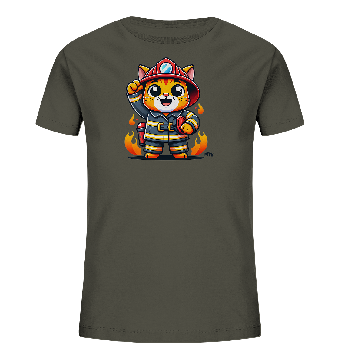 Onlineshop Shirts fuer Kinder - Das Bild zeigt ein dunkelgraues Kinder-T-Shirt mit einer humorvollen Illustration. Dargestellt ist eine cartoonartige Katze in voller Feuerwehrmontur mit Helm und Ausruestung. Um die Katze herum sind stilisierte Flammen zu sehen. Das Design ist verspielt und farbenfroh.
