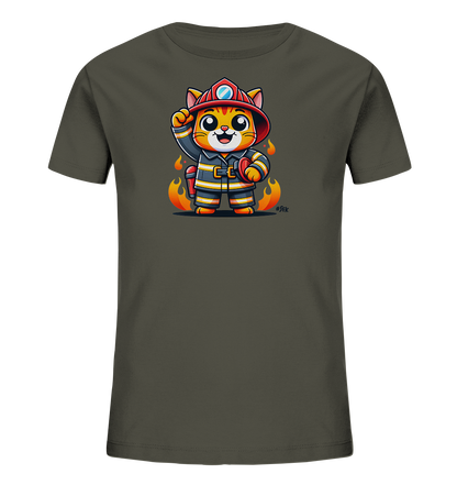 Kinder T-Shirt mit eine winkende Cartoon-Katze als Feuerwehrfigur mit Helm und Uniform