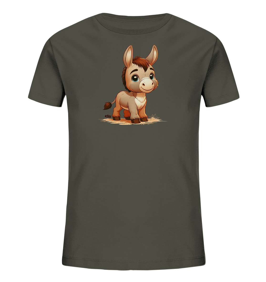 Onlineshop Shirts fuer Kinder - Das Bild zeigt ein dunkles Kinder-T-Shirt mit einer liebenswerten, cartoonhaften Darstellung eines kleinen Esels auf der Vorderseite. Der Esel steht aufrecht, hat grosse Augen und ein freundliches Laecheln. Das Design ist detailliert und kindgerecht, ideal fuer kleine Tierfreunde.