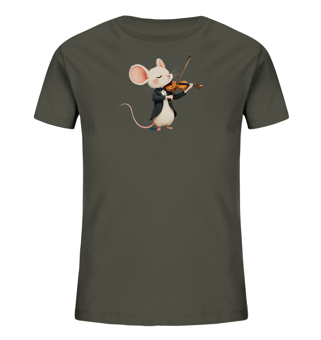 Onlineshop Shirts fuer Kinder - Das Bild zeigt ein dunkelgruenes Kinder-T-Shirt mit einer charmanten Illustration. Darauf ist eine weisse Maus in einem schwarzen Smoking zu sehen, die konzentriert Geige spielt. Die Maus hat grosse rosafarbene Ohren und geschlossene Augen. Das Design verleiht dem Shirt einen eleganten und musikalischen Charakter.