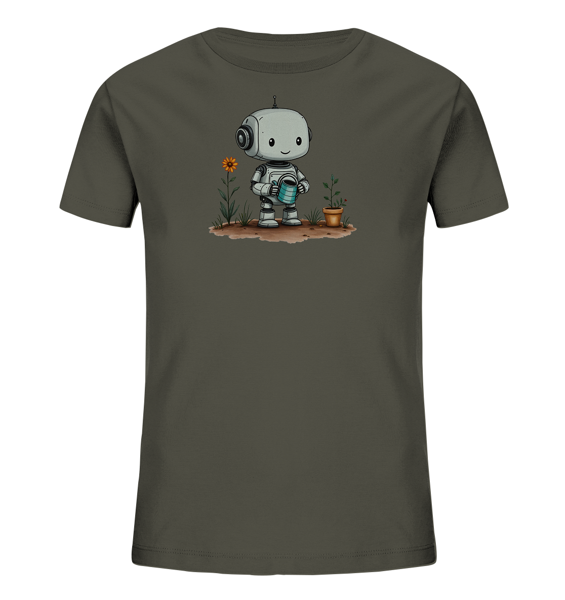 Onlineshop Shirts für Kinder - Das Bild zeigt ein Kinder-T-Shirt in einem dunklen Grau- oder Khakiton. Auf der Vorderseite ist eine Illustration eines niedlichen, freundlichen Roboters zu sehen. Der Roboter steht auf einem Stück Erde und hält eine kleine Gießkanne. Neben ihm wachsen eine Pflanze in einem Topf und eine weitere mit einer orangefarbenen Blüte.