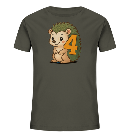 Onlineshop Shirts fuer Kinder - Dieses dunkelgraue T-Shirt fuer Kinder zeigt ein niedliches, cartoonhaftes Igelmotiv auf der Vorderseite. Der kleine Igel sitzt aufrecht und laechelt, sein gruenes Stachelkleid traegt eine grosse orangefarbene Zahl '4'. Das Design ist verspielt und farbenfroh, perfekt fuer Kinder, die ihren vierten Geburtstag feiern oder einfach Igel moegen.