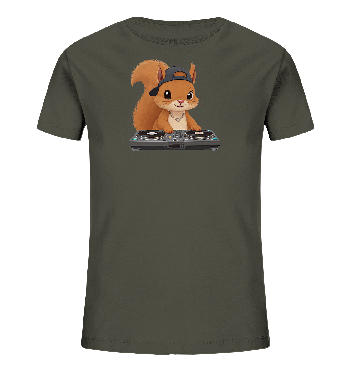 Onlineshop Shirts fuer Kinder - Das Bild zeigt ein dunkelgraues Kinder-T-Shirt mit einem coolen Eichhoernchen-DJ Motiv auf der Vorderseite. Das Eichhoernchen traegt eine umgedrehte Kappe und eine Kette, waehrend es an einem DJ-Mischpult steht. Das gesamte Design ist verspielt und modern gehalten und spricht junge Musikliebhaber an. Die Farben sind harmonisch aufeinander abgestimmt.