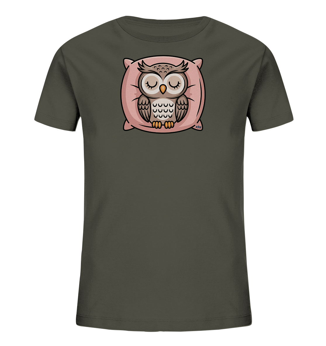 Onlineshop Shirts fuer Kinder - Das Bild zeigt ein dunkelgraues Kinder-T-Shirt. Auf der Vorderseite ist eine schlafende Eule abgebildet, die gemuetlich auf einem rosa Kissen ruht. Die Eule hat geschlossene Augen und braune Federdetails. Das Motiv verleiht dem Shirt eine beruhigende und niedliche Note.