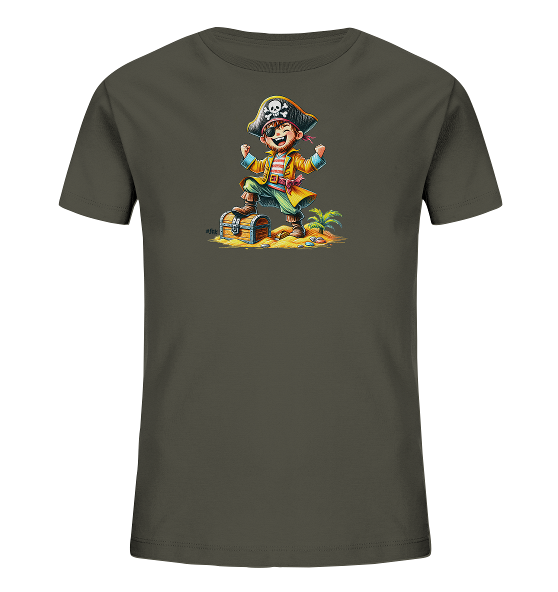 Onlineshop Shirts fuer Kinder - Dieses dunkelgraue Kinder-T-Shirt praesentiert ein lebhaftes Piratenmotiv in der Mitte. Ein froehlicher Cartoon-Pirat mit Augenklappe und Hut steht triumphierend auf einer geoeffneten Schatzkiste. Die Illustration zeigt eine Inselumgebung mit Sand, Palmenzweigen und verstreuten Muenzen, was ein Gefuehl von Abenteuer vermittelt.