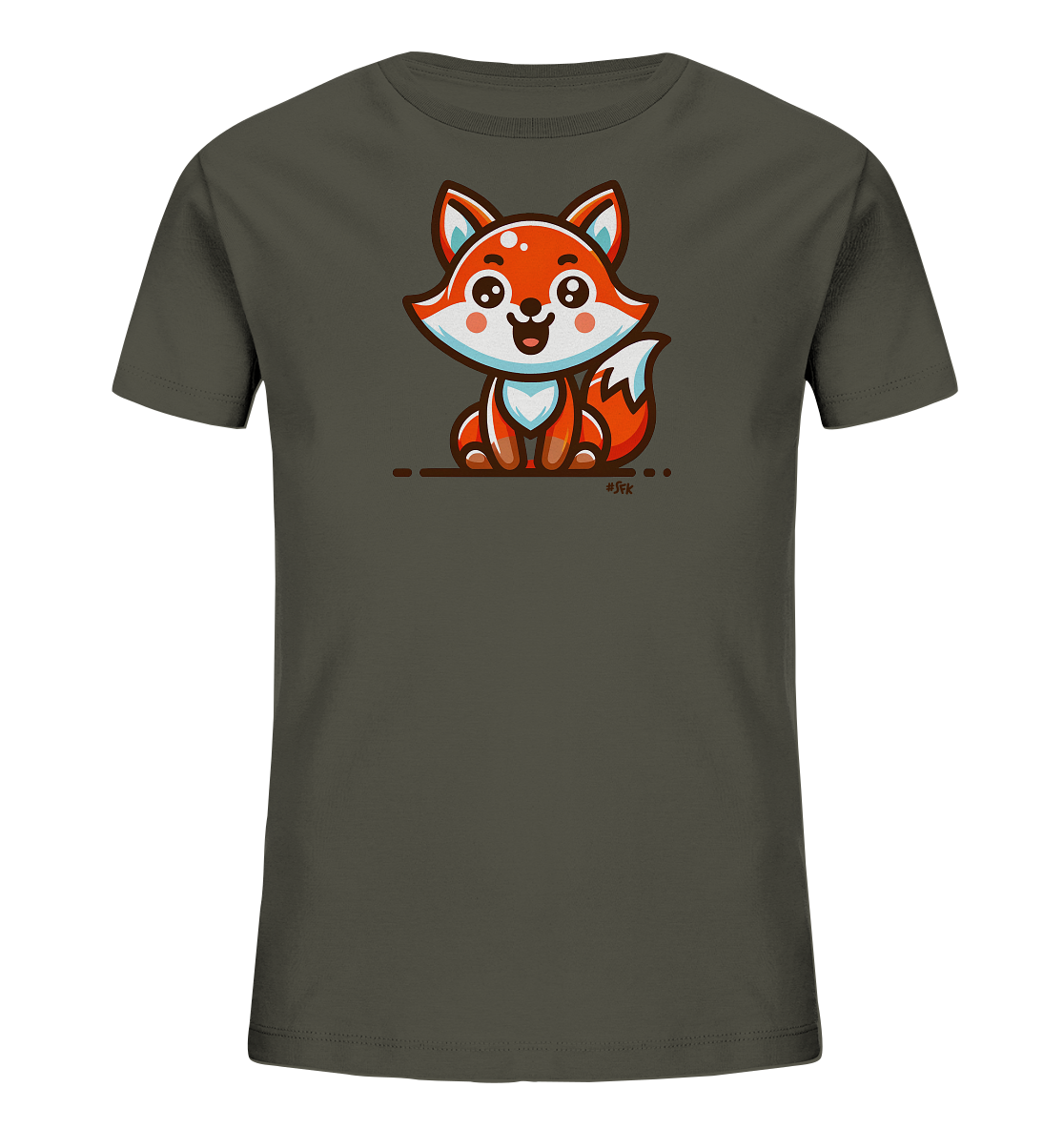 Onlineshop Shirts fuer Kinder - Das Bild zeigt ein dunkelgraues T-Shirt fuer Kinder mit einem suessen Cartoon-Fuchs auf der Vorderseite. Der Fuchs sitzt aufrecht und hat ein froehliches Laecheln. Die Grafik ist farbenfroh in Orange-, Weiss-, Blau- und Brauntoenen gestaltet. Das Motiv ist verspielt und kindgerecht.