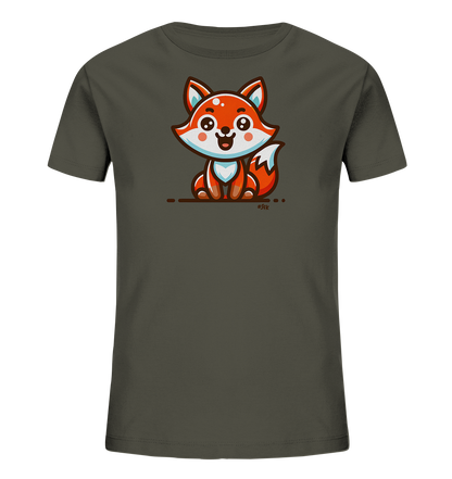 Onlineshop Shirts fuer Kinder - Das Bild zeigt ein dunkelgraues T-Shirt fuer Kinder mit einem suessen Cartoon-Fuchs auf der Vorderseite. Der Fuchs sitzt aufrecht und hat ein froehliches Laecheln. Die Grafik ist farbenfroh in Orange-, Weiss-, Blau- und Brauntoenen gestaltet. Das Motiv ist verspielt und kindgerecht.