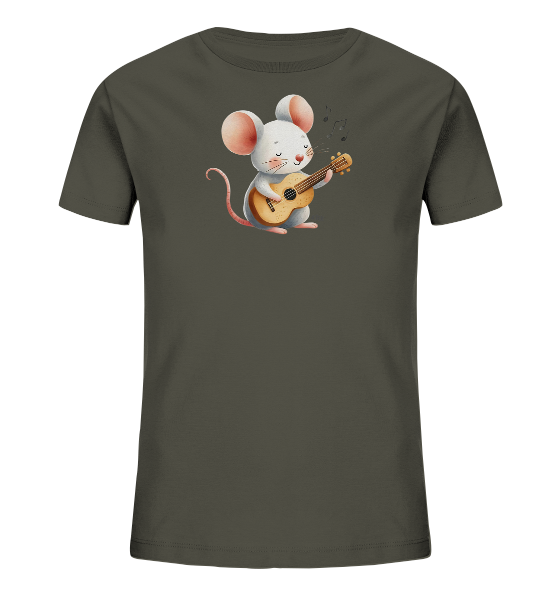 Onlineshop Shirts für Kinder - Das Bild zeigt ein dunkelgraues T-Shirt für Kinder mit einem charmanten Motiv einer weißen Maus. Die Maus sitzt und spielt eine kleine, helle Ukulele, während über ihr Noten schweben, was ihre musikalische Aktivität unterstreicht. Ihre Augen sind geschlossen und sie hat einen zufriedenen Ausdruck. Das Design wirkt fröhlich und ansprechend für Kinder.