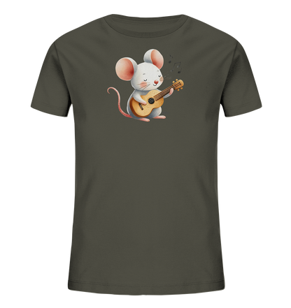 Onlineshop Shirts für Kinder - Das Bild zeigt ein dunkelgraues T-Shirt für Kinder mit einem charmanten Motiv einer weißen Maus. Die Maus sitzt und spielt eine kleine, helle Ukulele, während über ihr Noten schweben, was ihre musikalische Aktivität unterstreicht. Ihre Augen sind geschlossen und sie hat einen zufriedenen Ausdruck. Das Design wirkt fröhlich und ansprechend für Kinder.