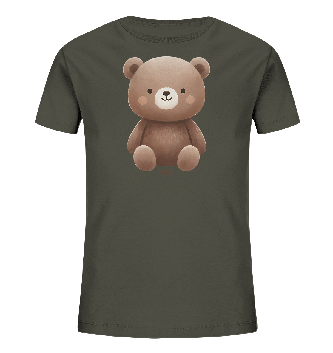 Onlineshop Shirts fuer Kinder - Das Bild zeigt ein dunkles T-Shirt mit einer niedlichen Illustration eines sitzenden Baeren auf der Vorderseite. Der Baer hat braunes Fell, rosafarbene Wangen und ein freundliches Laecheln, was ihm einen charmanten Ausdruck verleiht. Das Motiv ist zentral auf dem Shirt positioniert und verleiht ihm einen verspielten Look.