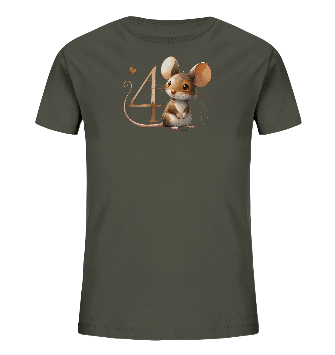 Onlineshop Shirts fuer Kinder - Das Bild zeigt ein dunkelgruenes Kinder-T-Shirt mit einem zentralen Aufdruck. Das Design besteht aus einer niedlichen, sitzenden Maus mit grossen Ohren. Neben der Maus ist die Zahl '4' in einer stilisierten Schriftart platziert. Ein kleiner Schmetterling ergaenzt das Motiv, was dem Shirt einen verspielten Look verleiht.