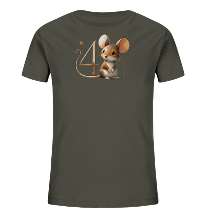 Onlineshop Shirts fuer Kinder - Das Bild zeigt ein dunkelgruenes Kinder-T-Shirt mit einem zentralen Aufdruck. Das Design besteht aus einer niedlichen, sitzenden Maus mit grossen Ohren. Neben der Maus ist die Zahl '4' in einer stilisierten Schriftart platziert. Ein kleiner Schmetterling ergaenzt das Motiv, was dem Shirt einen verspielten Look verleiht.