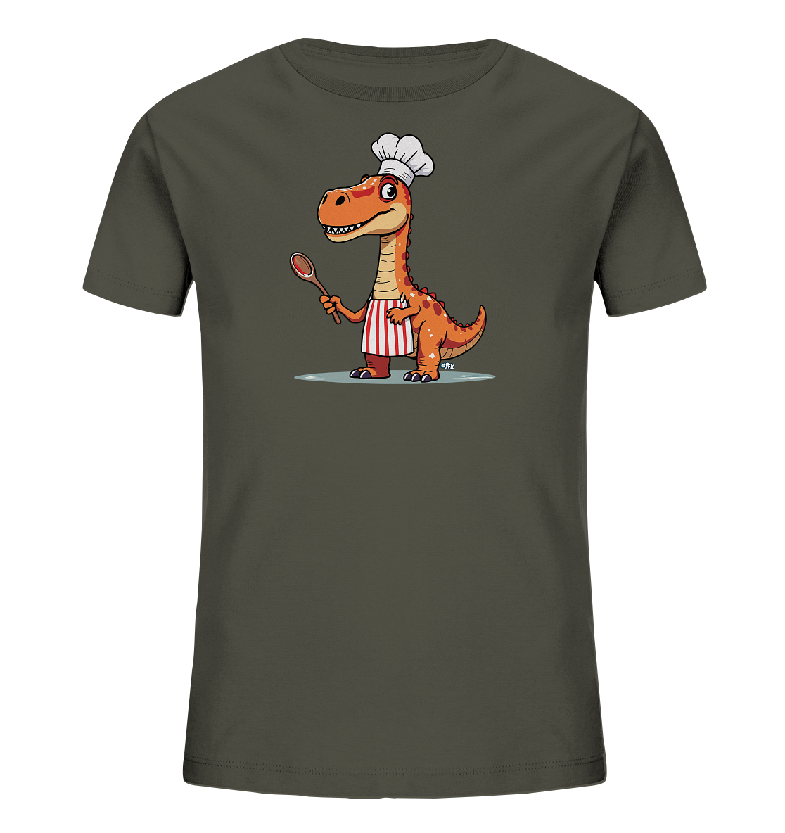 Onlineshop Shirts fuer Kinder - Das Bild zeigt ein dunkelgraues Kinder-T-Shirt mit einer verspielten Grafik. Darauf ist ein lachender Cartoon-Dinosaurier abgebildet, der eine Kochmuetze und eine rot-weiss gestreifte Schuerze traegt. Der Dinosaurier haelt einen Kochloeffel in der Hand. Das Design ist farbenfroh und ansprechend fuer Kinder.
