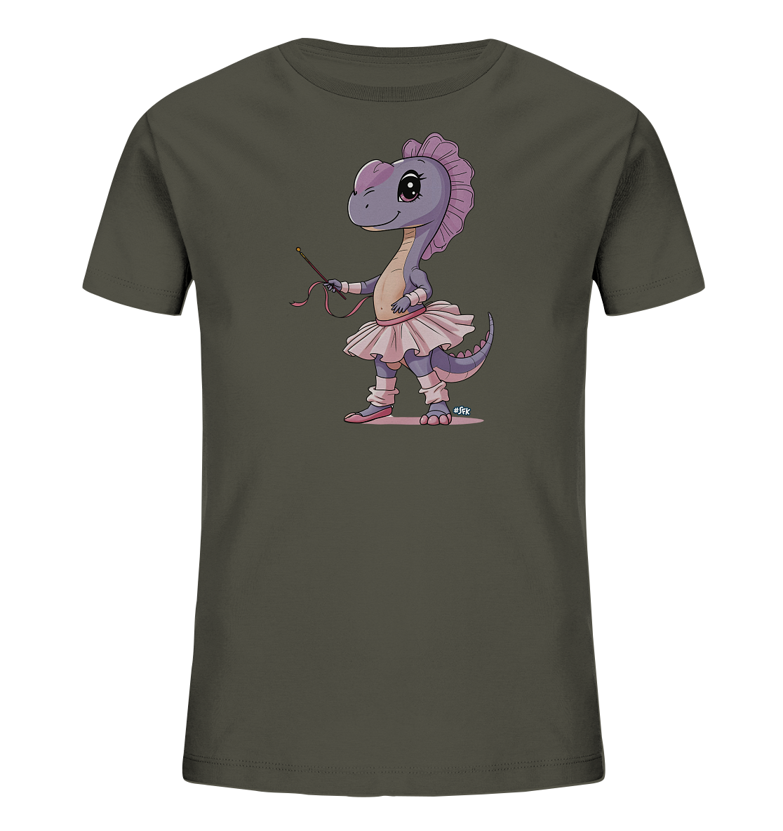 Onlineshop Shirts fuer Kinder - Das Bild zeigt ein dunkles T-Shirt mit einer niedlichen Grafik eines Dinosauriers im Ballett-Outfit. Der violette Dino traegt ein rosa Tutu, passende Ballettschuhe und haelt einen Zauberstab. Die Illustration ist farbenfroh und verspielt gestaltet und hebt sich gut vom Shirt ab. Es ist ein fantasievolles Motiv, das Freude bringt.