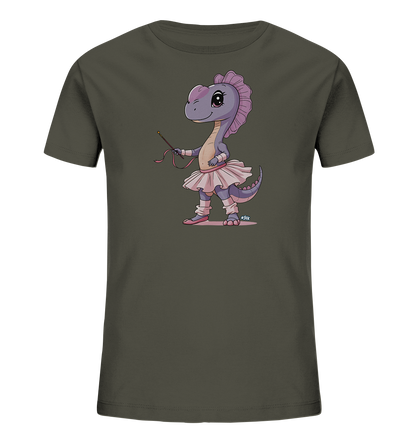 Onlineshop Shirts fuer Kinder - Das Bild zeigt ein dunkles T-Shirt mit einer niedlichen Grafik eines Dinosauriers im Ballett-Outfit. Der violette Dino traegt ein rosa Tutu, passende Ballettschuhe und haelt einen Zauberstab. Die Illustration ist farbenfroh und verspielt gestaltet und hebt sich gut vom Shirt ab. Es ist ein fantasievolles Motiv, das Freude bringt.