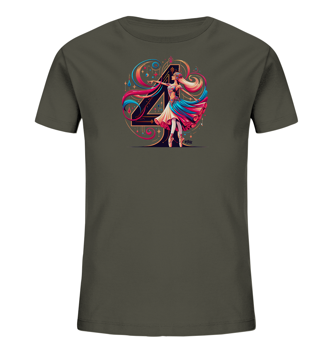 Onlineshop Shirts fuer Kinder - Das Bild zeigt ein dunkelgraues T-Shirt mit einem auffaelligen Druck. Das Motiv zeigt eine elegante Taenzerin in einem farbenfrohen Kleid vor einer stilisierten grossen Zahl '4'. Um die Figur und die Zahl sind dynamische, bunte Linien und Sterne angeordnet, die dem Design eine kuenstlerische Note verleihen.