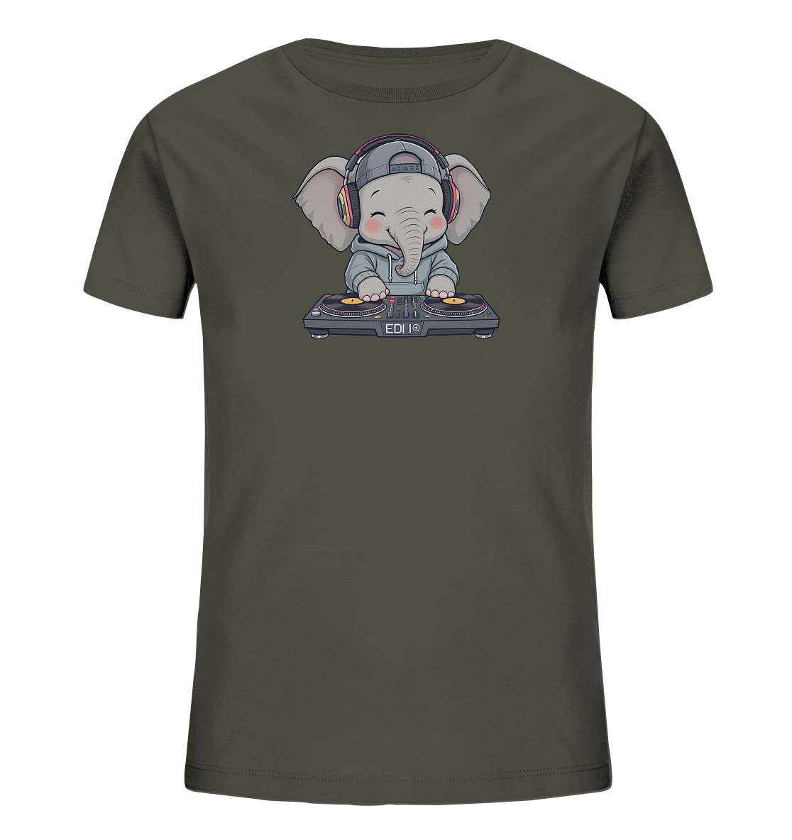 Kinder-T-Shirt mit Elefant als DJ an Plattenspielern.