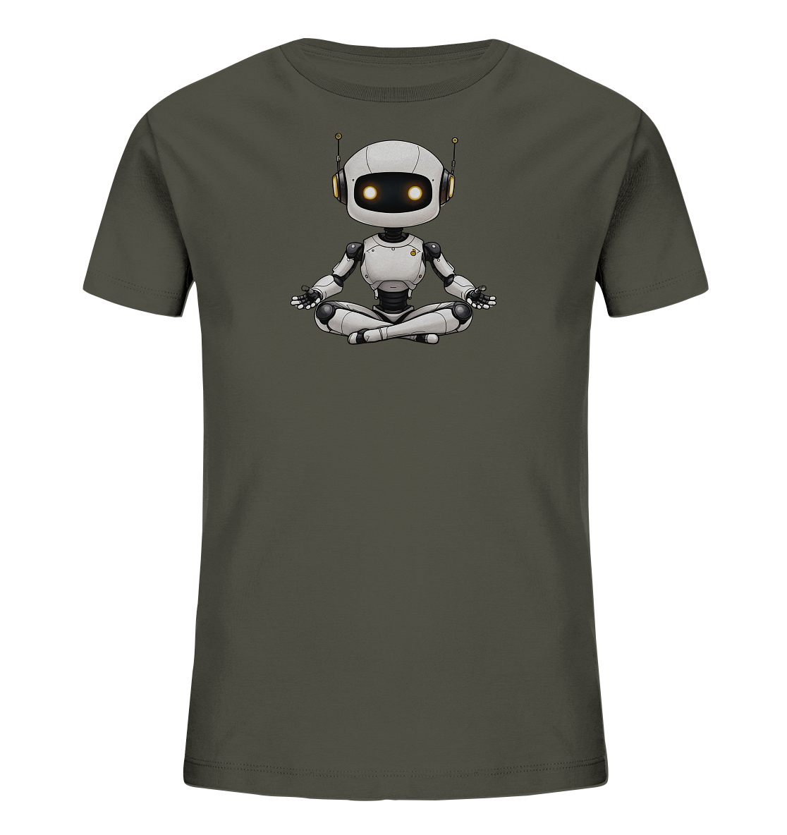 Onlineshop Shirts für Kinder - Das Bild zeigt ein dunkel-olivgrünes Kinder-T-Shirt. Auf der Vorderseite befindet sich eine detailreiche Illustration eines kleinen, weißen Roboters. Der Roboter sitzt in einer Meditationshaltung, die Beine im Lotussitz verschränkt, und hat leuchtend gelbe Augen. Dieses einzigartige Design verleiht dem Shirt eine moderne und zugleich ruhige Ausstrahlung, ideal für technikbegeisterte oder entspannte Kinder.