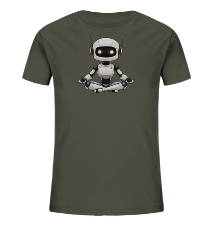 Onlineshop Shirts für Kinder - Das Bild zeigt ein dunkel-olivgrünes Kinder-T-Shirt. Auf der Vorderseite befindet sich eine detailreiche Illustration eines kleinen, weißen Roboters. Der Roboter sitzt in einer Meditationshaltung, die Beine im Lotussitz verschränkt, und hat leuchtend gelbe Augen. Dieses einzigartige Design verleiht dem Shirt eine moderne und zugleich ruhige Ausstrahlung, ideal für technikbegeisterte oder entspannte Kinder.