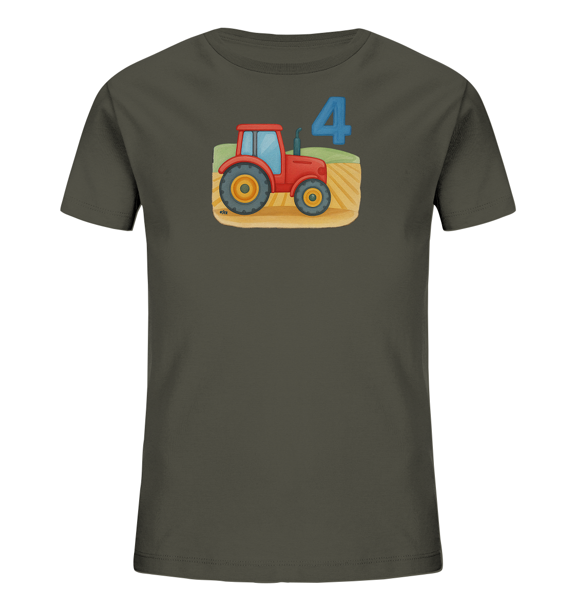 Onlineshop Shirts fuer Kinder - Das Bild zeigt ein dunkelgraues Kinder-T-Shirt mit einem bunten Motiv auf der Vorderseite. Abgebildet ist ein roter Cartoon-Traktor auf einem stilisierten Feld mit gelben und gruenen Flaechen. Über dem Traktor ist eine grosse, blaue Zahl Vier platziert. Das Design ist farbenfroh und verspielt gestaltet, ideal fuer Kinder.
